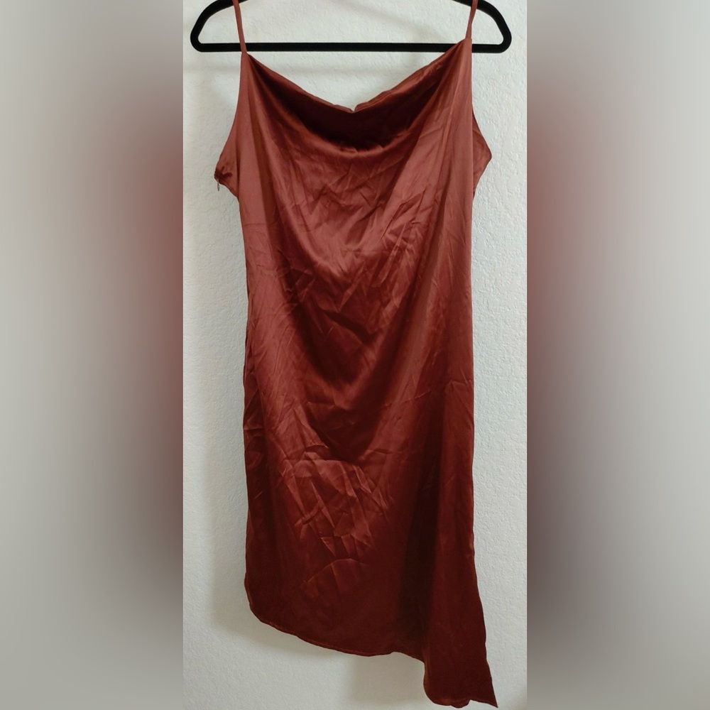 NWT R. Vioimos Rust Orange Satin Cowl Neck Dress